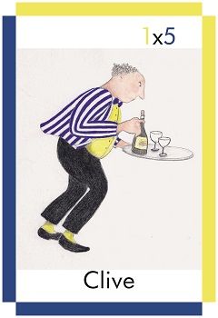 A card showing a waiter called Clive