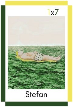 A card showing a man called Stefan lying on a lilo in the sea