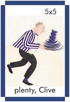 A card showing the waiter Clive carrying plenty of plates for plenty Clive